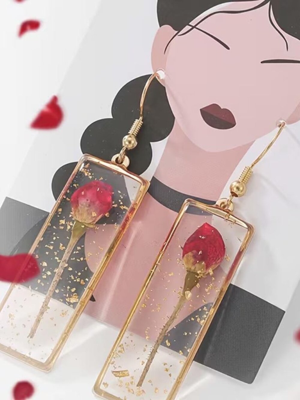 REMEMBER YOU TINY RED ROSES EMBEDDED BETWEEN GLASS PANELS LONG DANGLY EARRINGS N